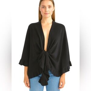 Ann Taylor. Knit Black Kimono Cape Open Front Ruffle Hem One Size